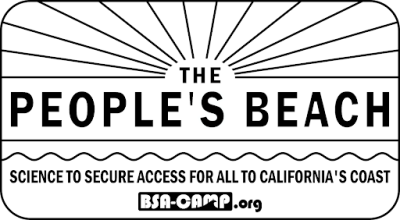A black and white logo shows sun rays above the words "The People's Beach" with a solid, flat line and then solid wavy line underneath. The next line reads "science to secure access for all to California's coast" and "rsa-camp.org".