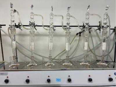 soxhlet extraction setup for extracting organic contaminants from fish tissues is shown.