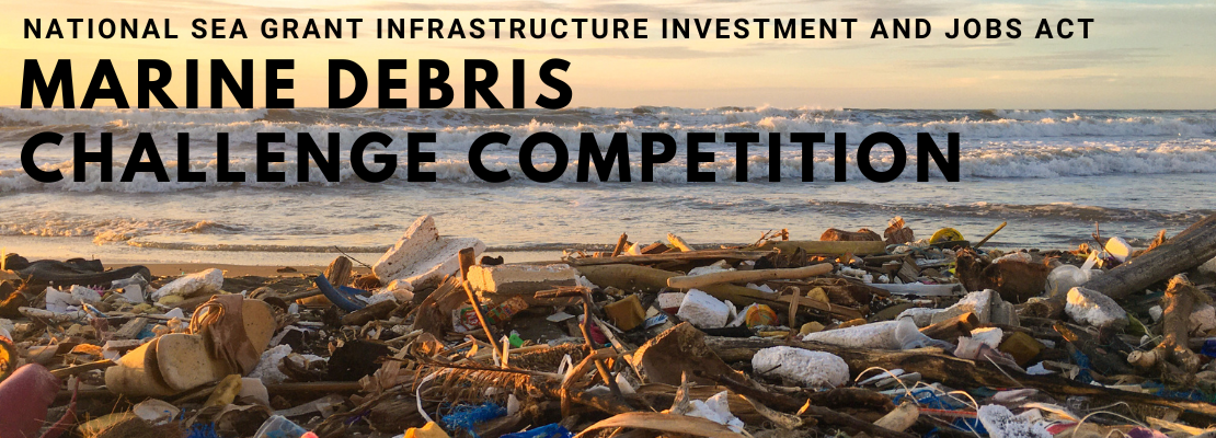 Marine Debris Challenge Competition header image, showing large marine debris on a beach at sunset.