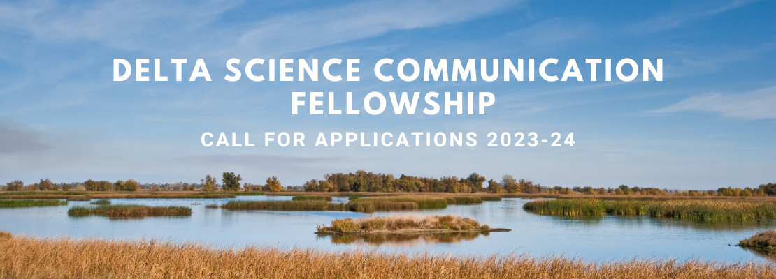 Text saying "Delta Science Communication Fellowship Call for Applications 2023-24" is an overlay on a photo showing blue sky with clouds, and an estuary with brown grasses around the waterways.. 