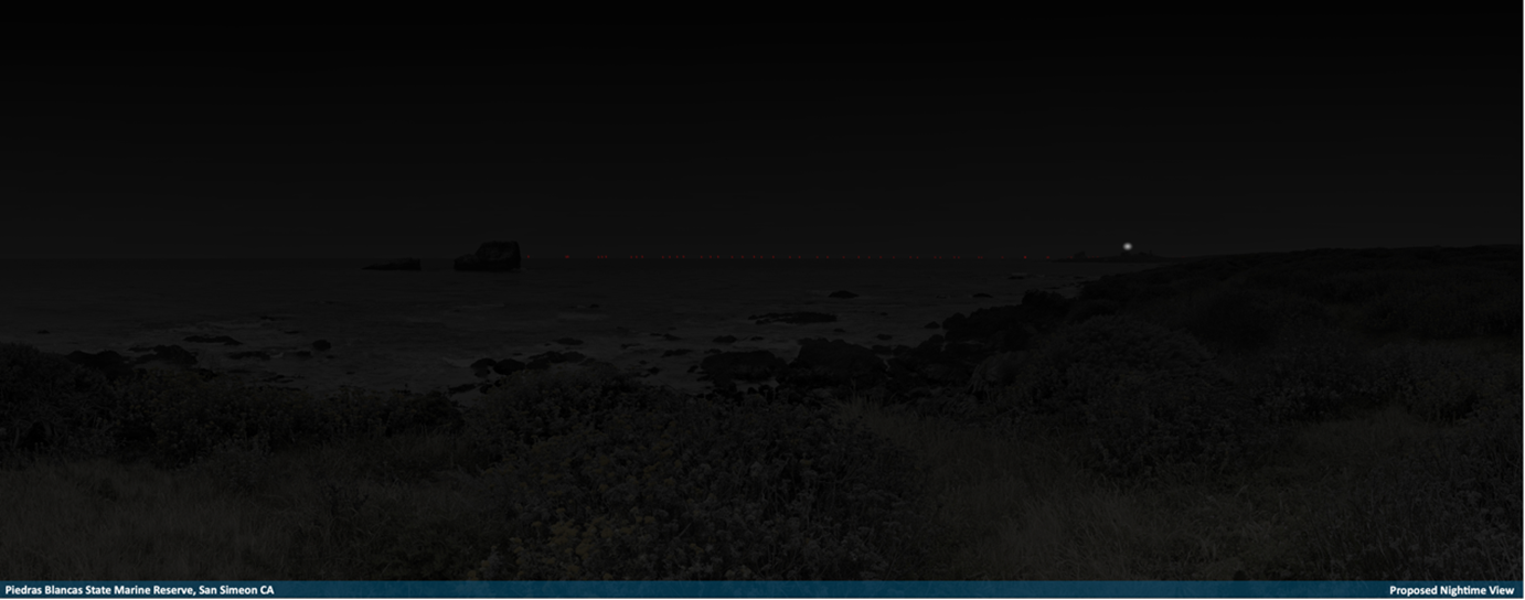 Simulated nighttime view of offshore wind turbines 20 miles offshore