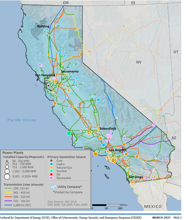 A map of California showing the types of power plants around the state and how much capacity they provide