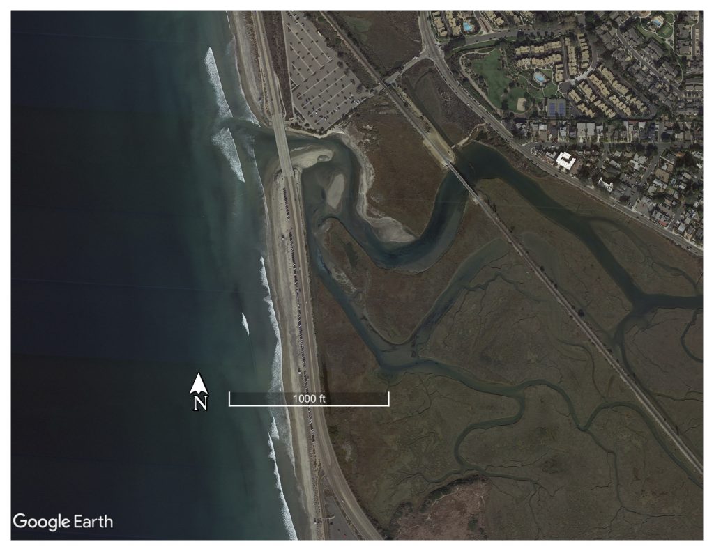 Aerial photo of Los Peñasquitos Estuary in San Diego County, an intermittently closed estuary system. Photo from Google Earth.
