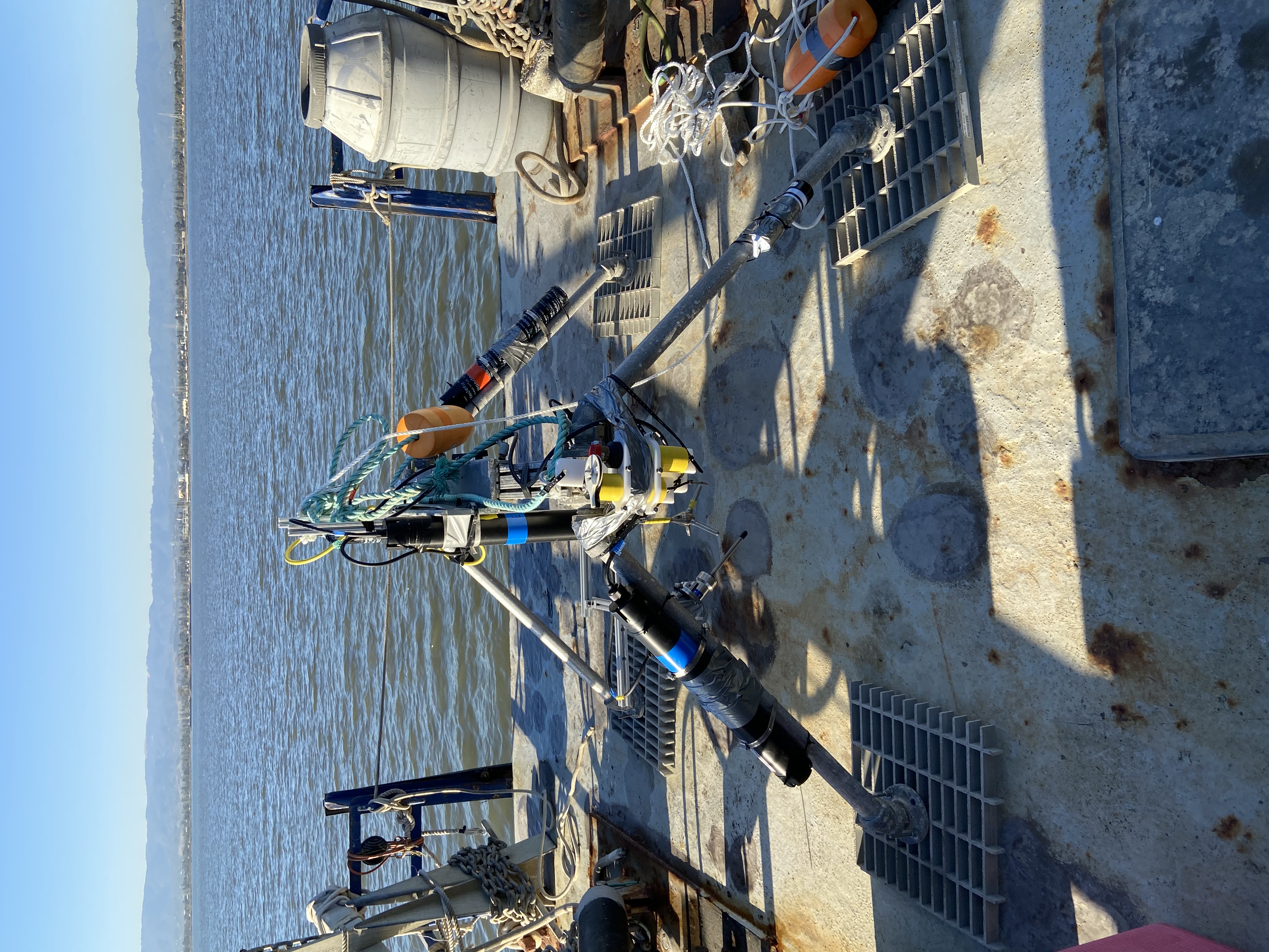 The team prepares to deploy their aquatic eddy covariance (ARC) benthic flux system in the Bay-Delta.