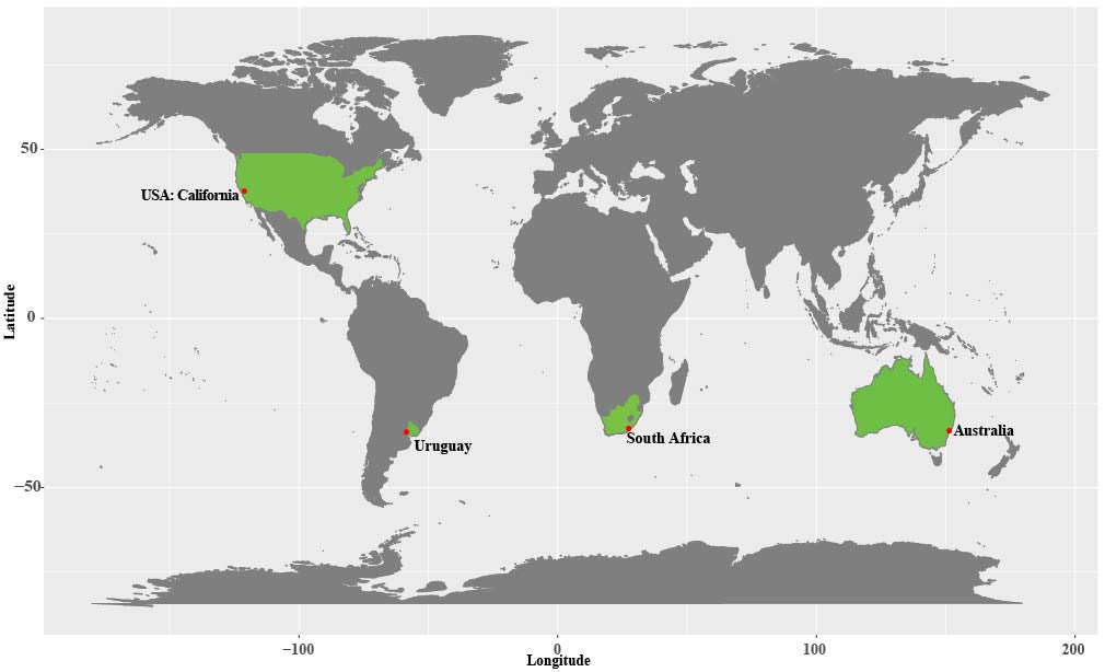 map highlighting locations of weevil populations. usa, australia, uruguay, south africa
