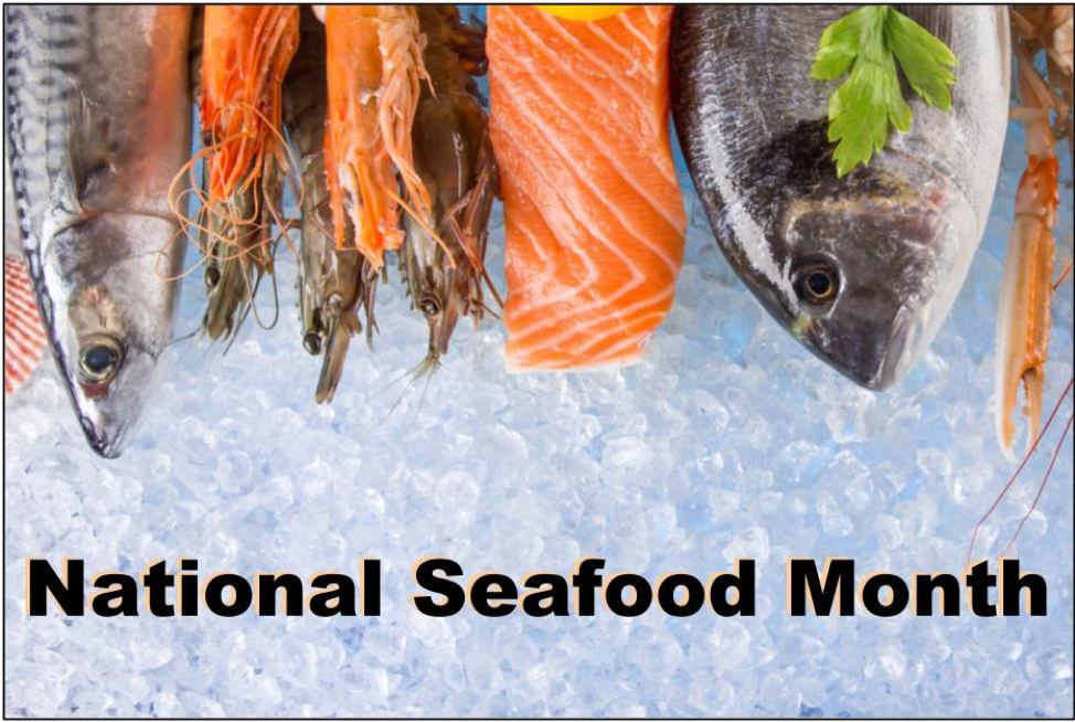 fish on ice, text: National Seafood Month