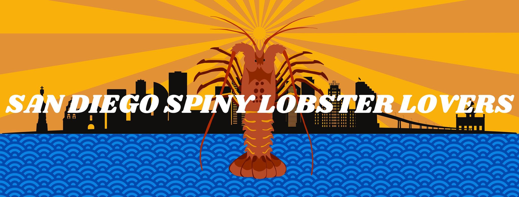  graphic with orange sun rays, swirling blue ocean and a California spiny lobster floating over a silhouette of the San Diego skyline)