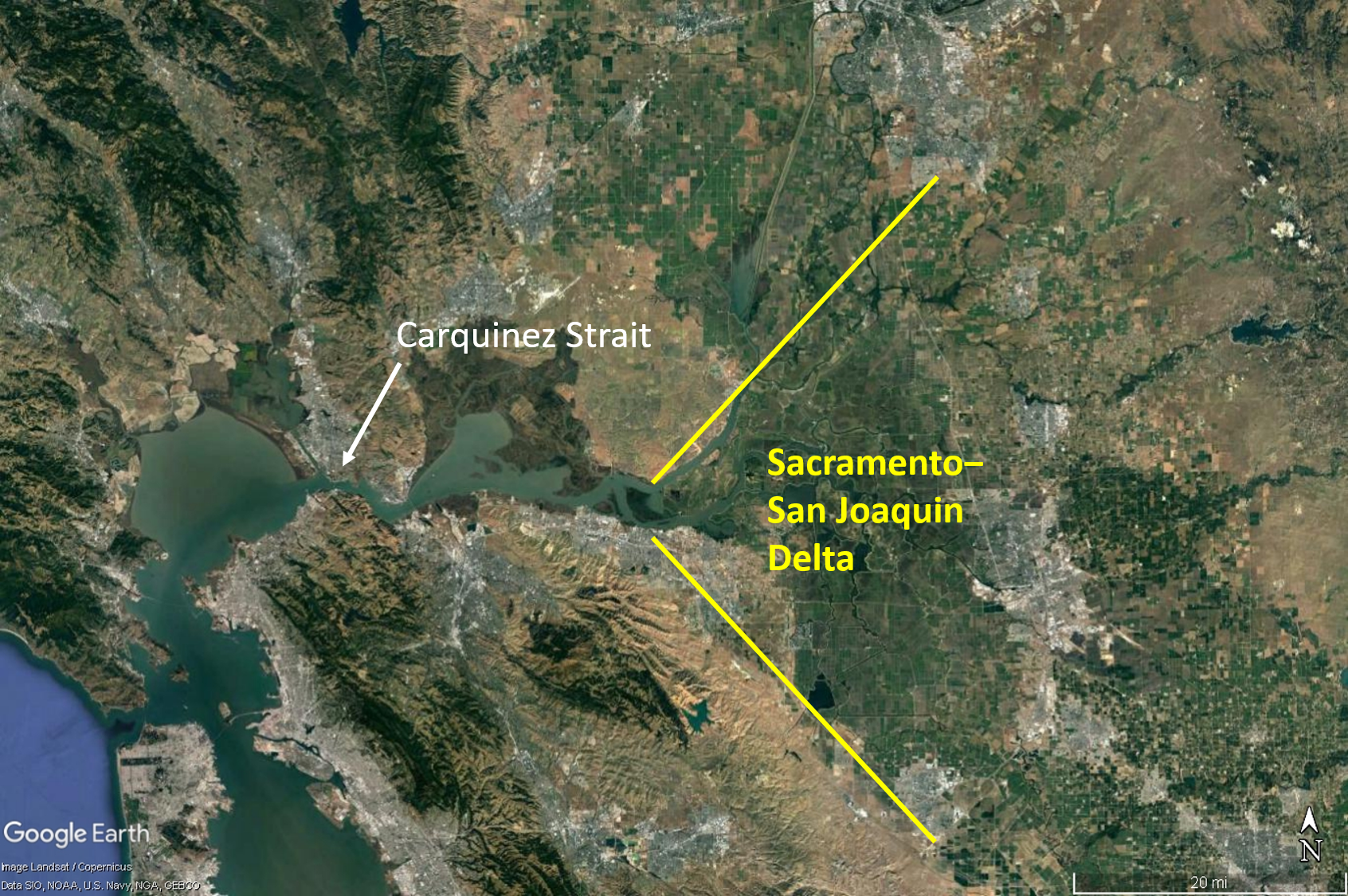 The Sacramento–San Joaquin Delta is an “inverted” delta and forms the approximate shape of an inverted triangle.