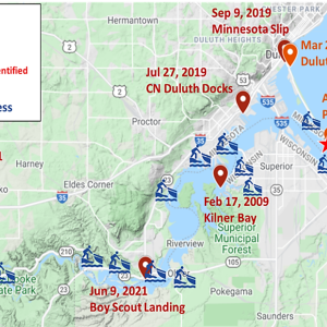 Locations of drownings and rescue incidents in the St. Louis River Estuary and water access points (boating, beaches, campgrounds).