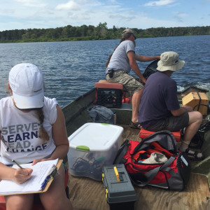 three volunteers on a boat in the water with equipment