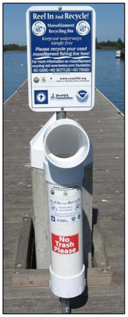 Fishing line recycling station with signage and stickers provided by the California Fishing Line Recycling Program. Credit: Division of Boating and Waterways and California Coastal Commission Boating Clean and Green Program