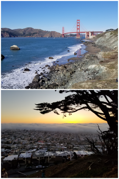 (Top) View of the Golden Gate Bridge from Batter Crosby near Baker Beach; (Bottom) Karl the Fog rolling in to engulf the beautiful Sunset District. Photos by Erik Martinez.