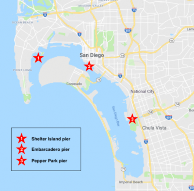 Map of three public fishing pier survey sites.