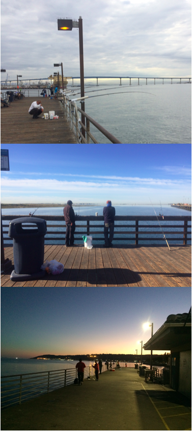 Embarcadero pier on a Tuesday morning in October (top); Pepper Park pier on a Saturday morning in January (middle); Shelter Island pier on a Wednesday night in October (bottom).