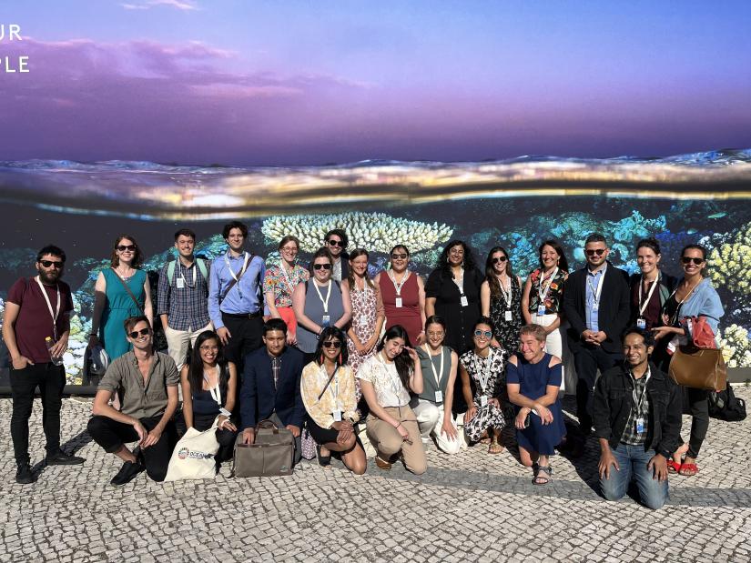  A group of Early Career Ocean Professionals pose during the UN Ocean Conference 2022 in Lisbon, Portugal. Courtesy Erin Satterthwaite.
