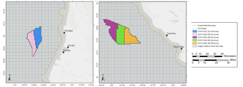 Map showing leases of two wind area developments in California