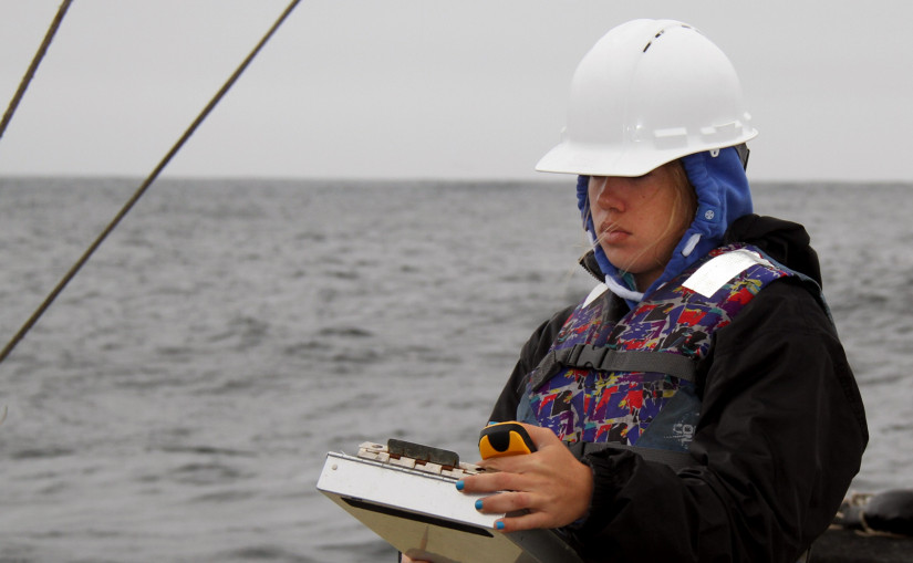 Moss Landing Marine Laboratories graduate student, Anne Tagini, recording data while the video lander collects imagery just below.