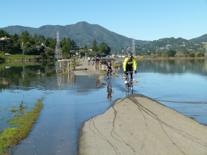 bicyclists ride over flooded road 