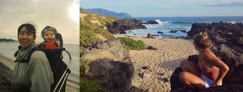 My mom and baby me at the North Sea, in my father’s home country of Germany, in 1996 (left). Me at a beach Hawai’i, where my mother’s family lives, in 2018 (right).