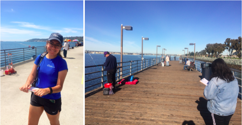 Interns Lupita Sandoval (left) and Kristy Nguyen (right) counting fishermen, fishing parties, and gear on Shelter Island pier and Embarcadero pier, respectively