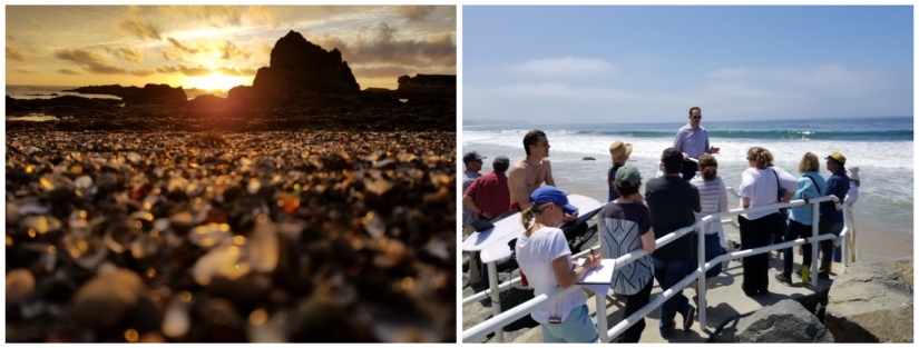 (Left) Glass Beach – one of the many beautiful beaches found within the state; (Right) Coastal Commission staff and NOAA federal program evaluators discussing partnerships and projects related to Broad Beach in Malibu. Photos by Erik Martinez.