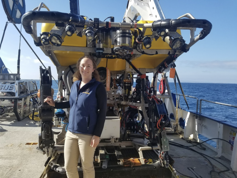 Maggie on-board the E/V Nautilus and standing in front of the ROV Hercules, which we used to explore the Channel Islands National Marine Sanctuary.