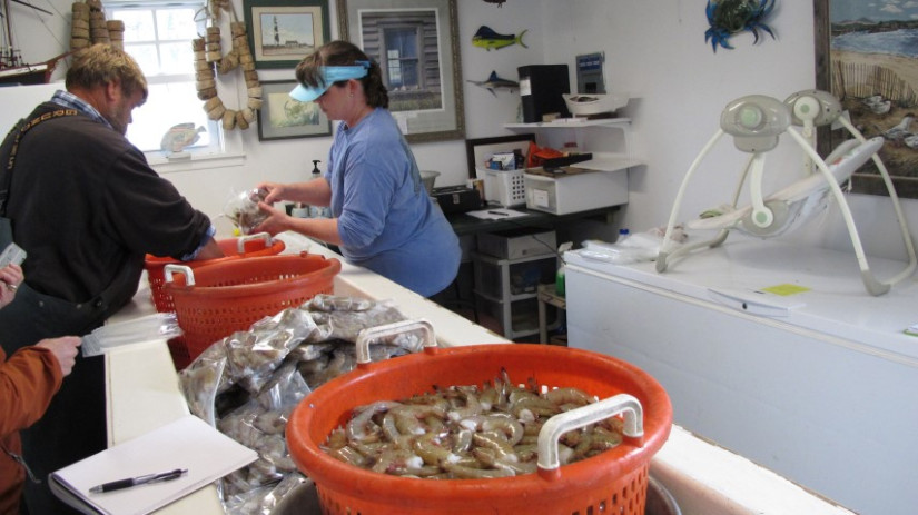 Fisherman and customer on opposite sides of counter full of fresh fish