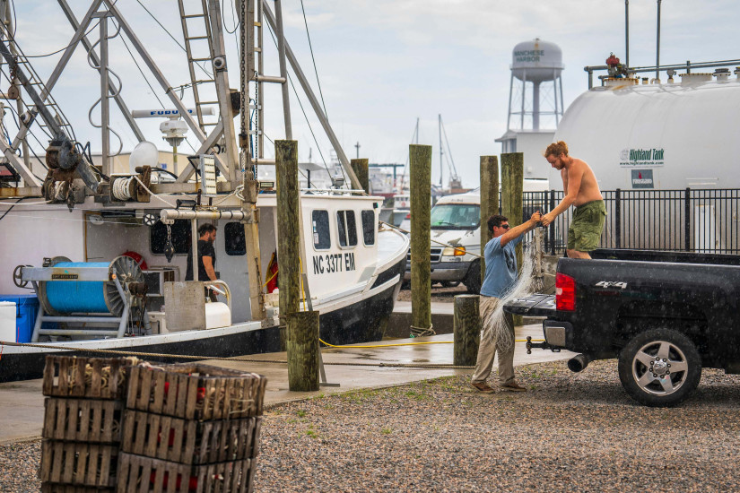 Fishermen loading a truck in harbor