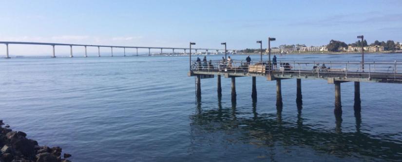 People fishing on a pier on San Diego Bay