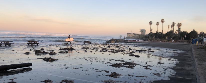 Surfer at Cardiff at high tide
