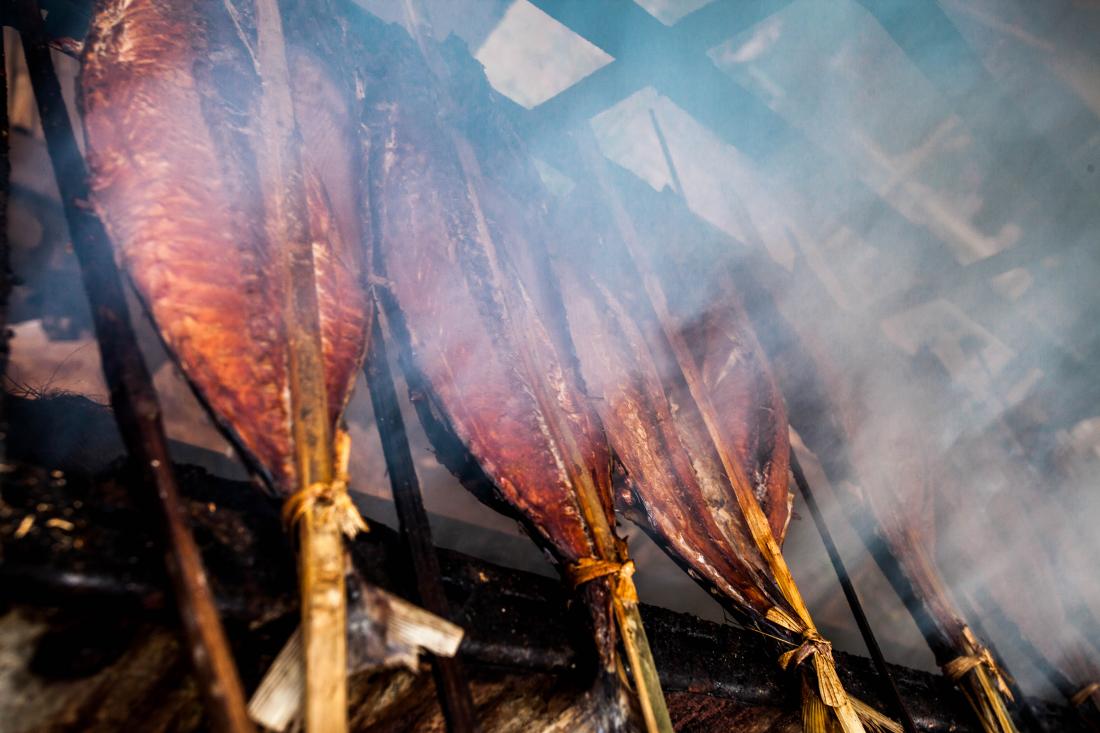 smoked skipjack tuna tied onto wooden poles, smoke obscures half of the picture.