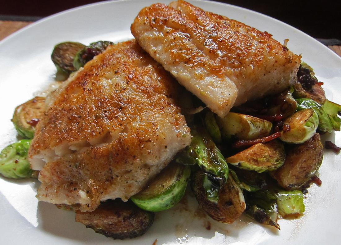pan-fried sickle pomfret with brussel sprouts and bacon
