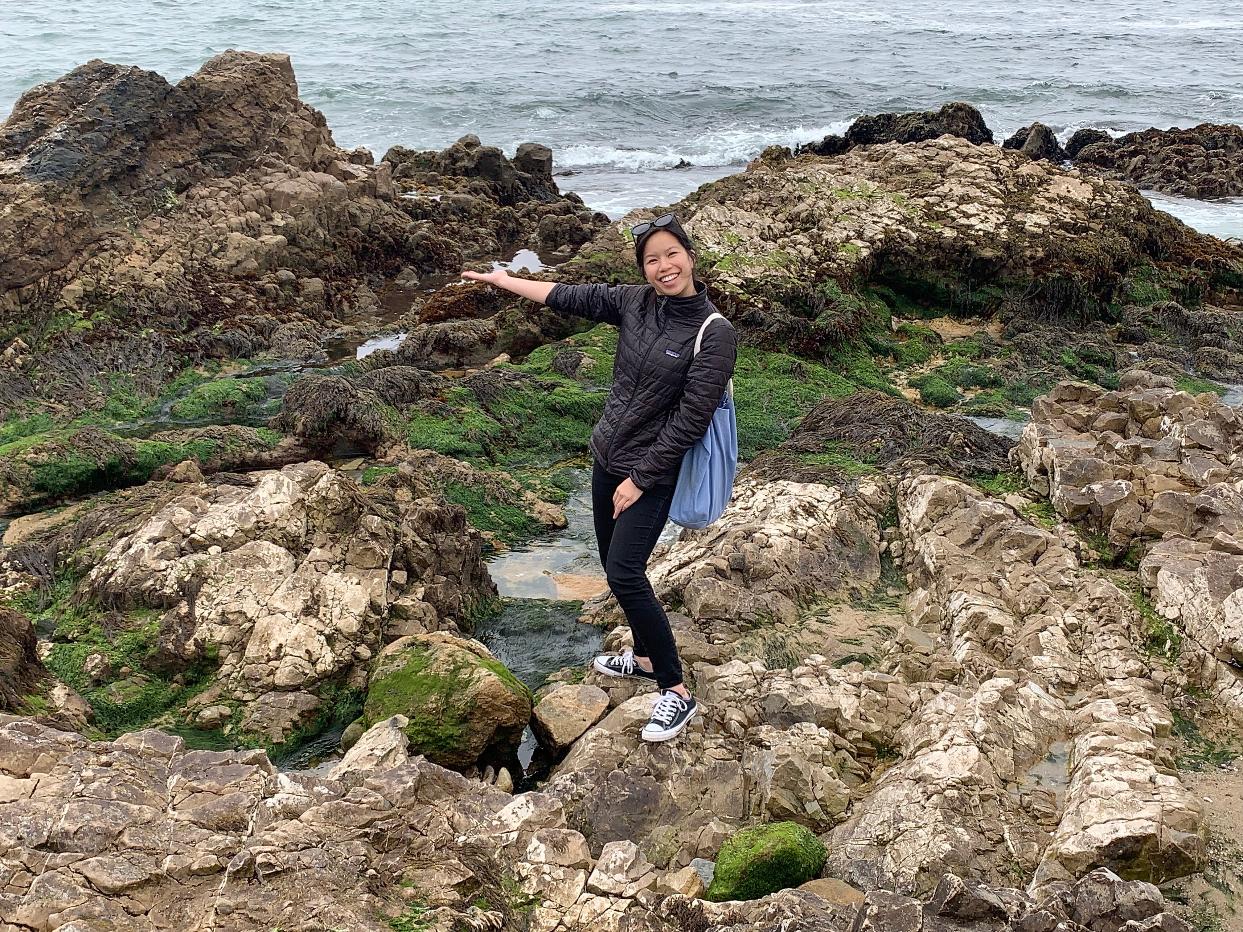 Taking a break from identifying “gray” coastal armoring structures to examine the tide pools in San Mateo County. Photo credit: Amber Anastacio-Roberts