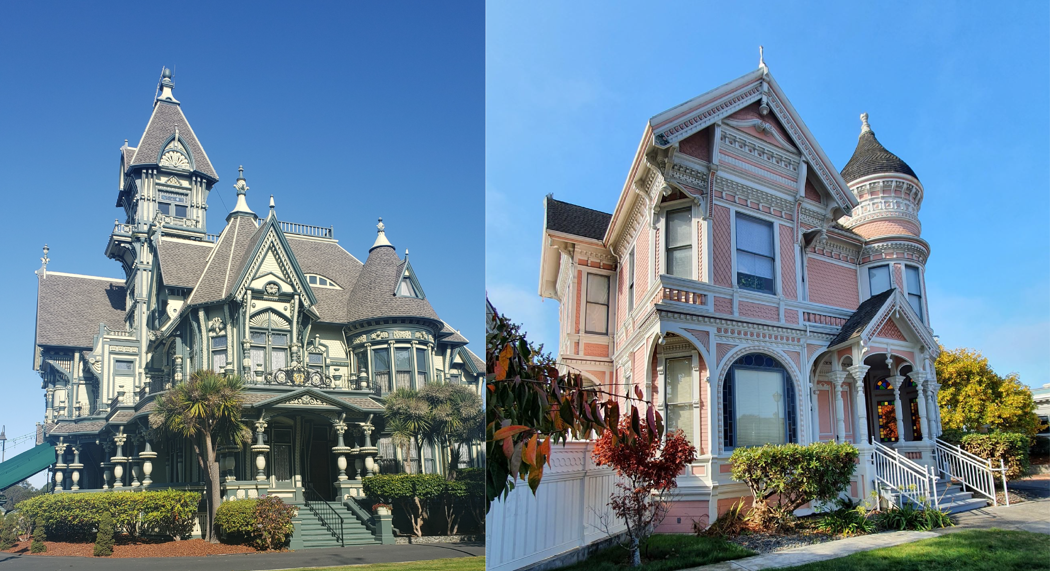 Left image of a grey Victorian style manor and right image of a pink Victorian style manor